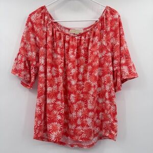 Michael Kors Top Women 1X Orange Tropical Floral Short Ruffle Sleeve Knit Casual